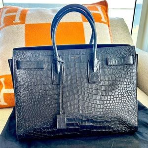 YSL LARGE SAC DE JOUR CARRY ALL BAG IN BLACK CROCODILE EMBOSSED LEATHER